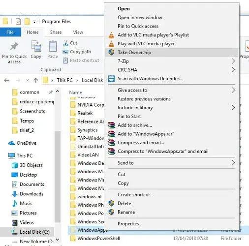 Nếu bạn có thể thấy WindowsApps, hãy nhấp chuột phải vào nó và nhấp vào nút Take Ownership trên menu ngữ cảnh