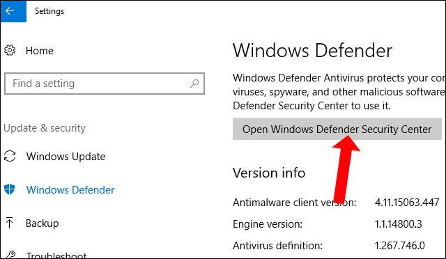 Truy cập Windows Defender