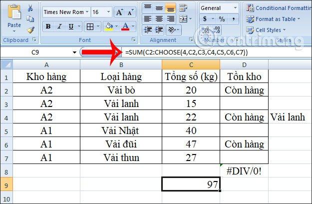 Kết hợp chức năng Chọn với Tổng 