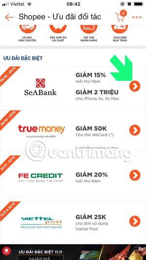 Giảm giá cho chủ thẻ ngân hàng Shopee