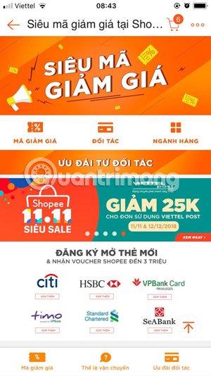 Giao diện mã giảm giá Shopee