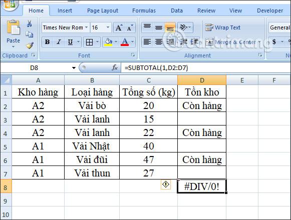 Lỗi # DIV / 0!