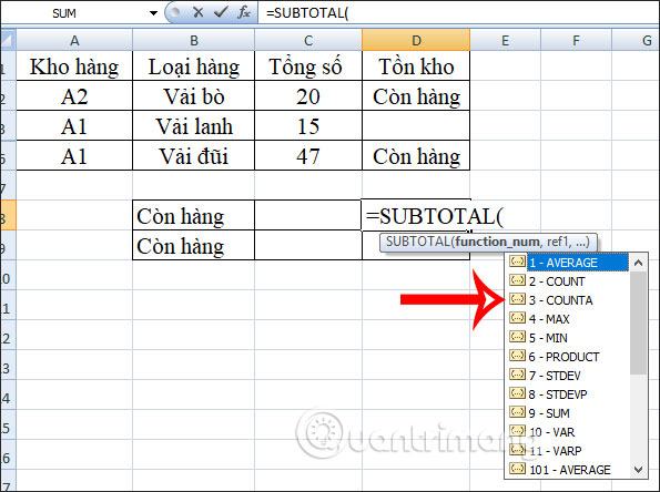 Công thức của hàm SUBTOTAL