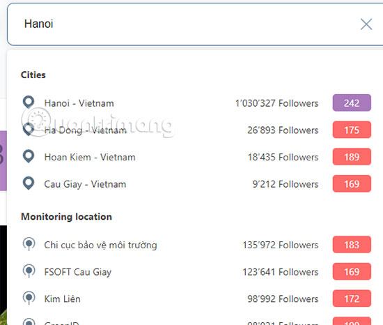 Tìm thành phố muốn xem ô nhiễm không khí của AirVisual