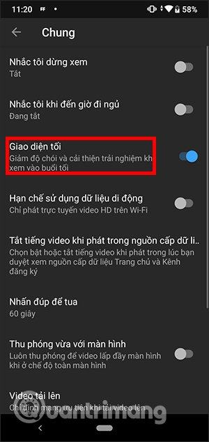 Bật nền tối của YouTube Android