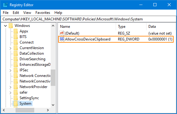 Đặt tên cho giá trị là AllowCrossDeviceClipboard
