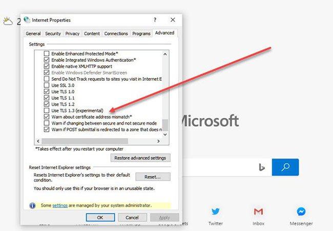 Bật TLS trong Microsoft Edge Legacy