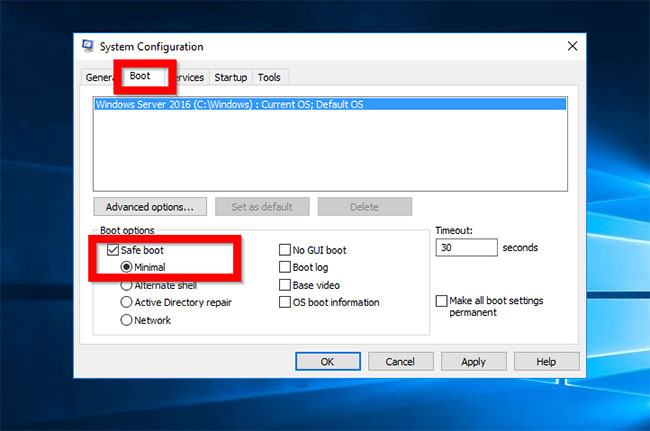 Chọn hộp bên cạnh Khởi động an toàn và bật Tối thiểu