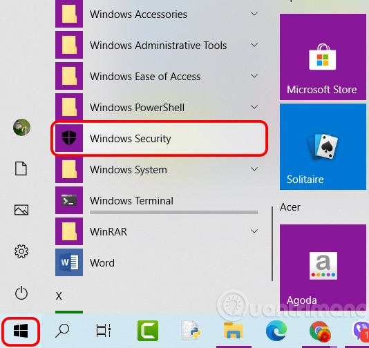 Cách mở Bảo mật Windows trong Windows 10 từ menu Bắt đầu
