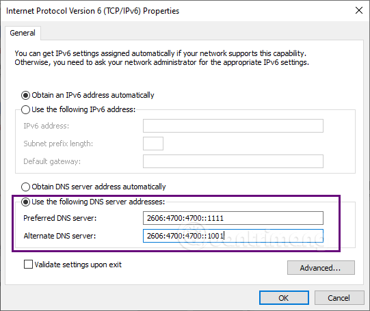 Thay đổi DNS 1.1.1.1 IPv6