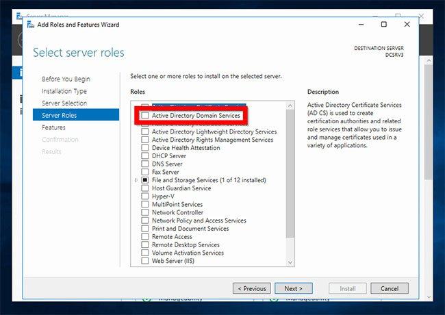 Chọn hộp bên cạnh Dịch vụ miền Active Directory