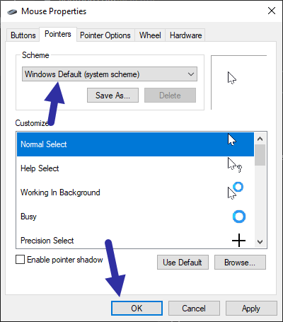 Chọn Windows Standard (System Scheme) từ menu thả xuống Scheme