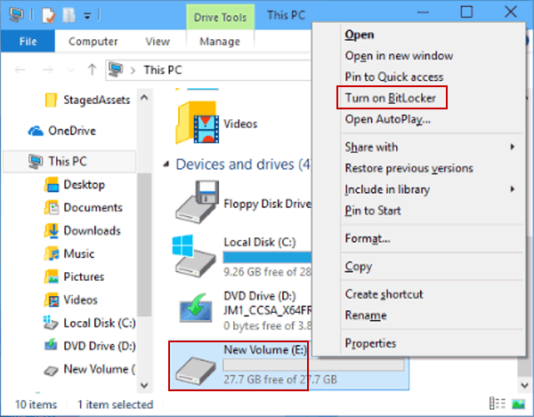 Chọn Bật BitLocker sau khi nhấp chuột phải vào ổ cứng mà bạn muốn đặt mật khẩu
