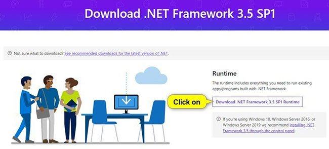 Nhấp vào nút Tải xuống .NET Framework 3.5 SP1 Runtime