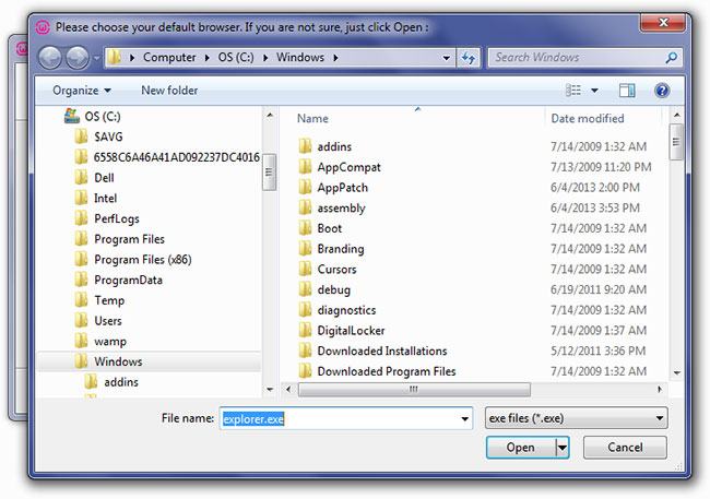 Chọn tệp trình duyệt EXE tiêu chuẩn