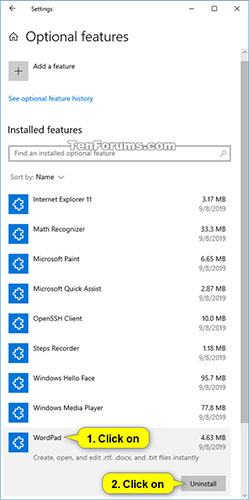 Trong Tính năng đã cài đặt, bấm vào WordPad, sau đó chọn Gỡ cài đặt