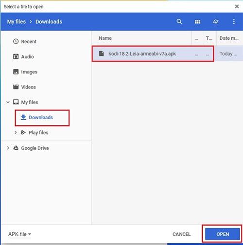 Chọn tệp APK Kodi và mở nó