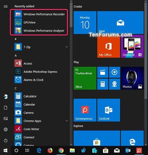 Windows Performance Recorder, GPUView và Windows Performance Analyzer được liệt kê trong menu bắt đầu