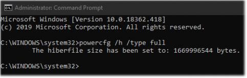 Chỉ định loại tệp hiberfile đầy đủ trong Windows 10