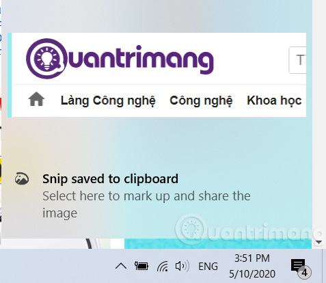 Ảnh chụp nhanh của một phần màn hình được lưu vào khay nhớ tạm