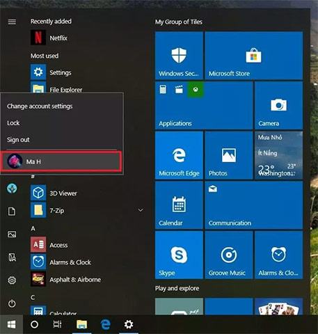 Cách thay đổi tài khoản qua menu bắt đầu