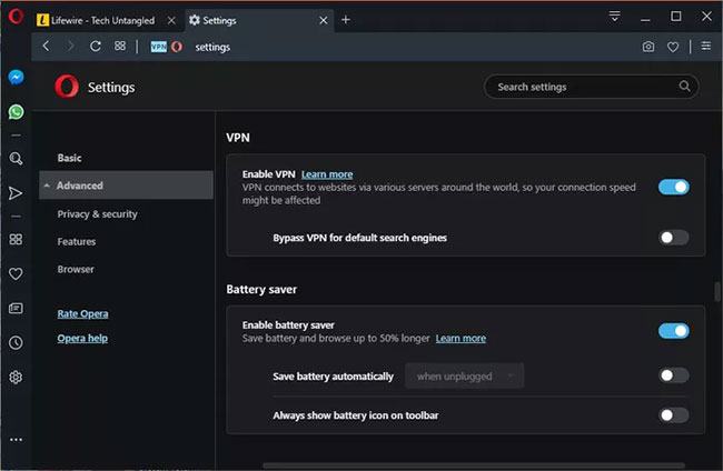 Opera VPN được nhúng trong trình duyệt web Opera