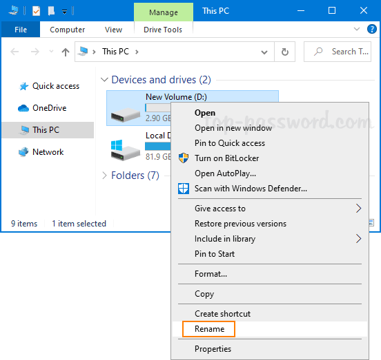 Mở File Explorer, nhấp chuột phải vào ổ đĩa và chọn Đổi tên từ menu ngữ cảnh