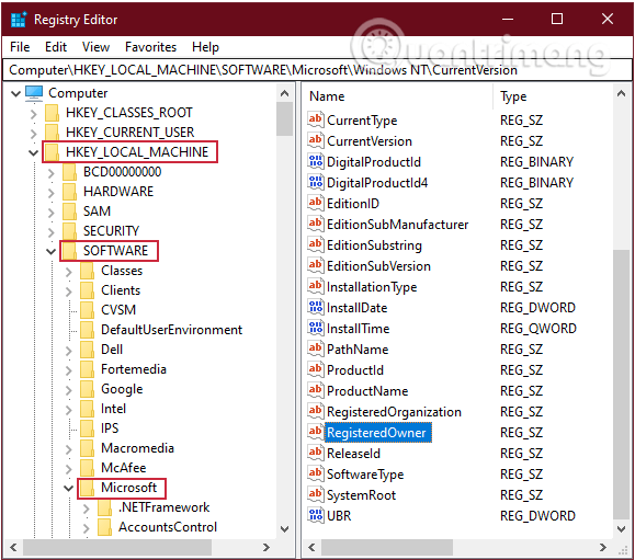 Điều hướng đến đường dẫn HKEY_LOCAL_MACHINE / SOFTWARE / Microsoft / Windows NT / CurrentVersion