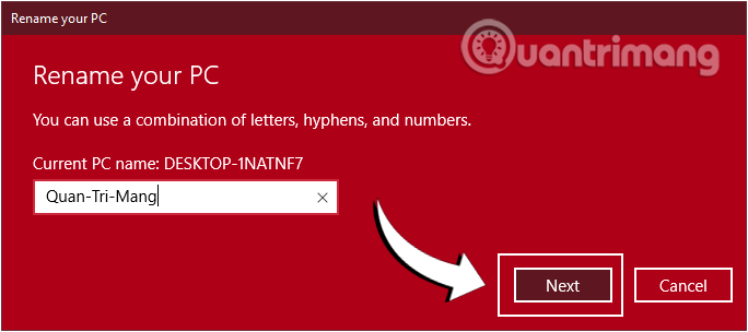 Nhập tên bạn muốn thay đổi cho máy tính của mình