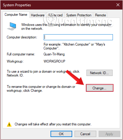 Trong cửa sổ Thuộc tính Hệ thống, bấm Thay đổi