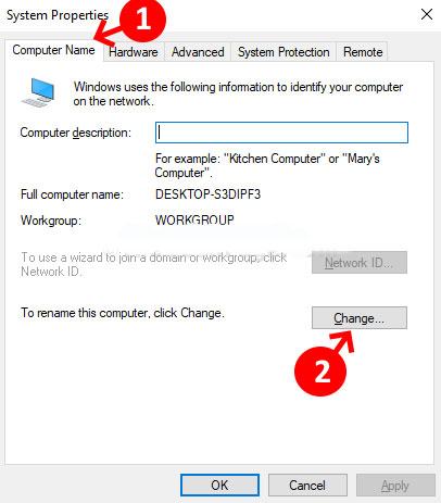 Trong cửa sổ Thuộc tính Hệ thống, chọn tab Tên Máy tính và nhấp vào nút Thay đổi