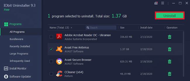 Tìm Avast Free Antivirus, chọn nó và nhấp vào Gỡ cài đặt