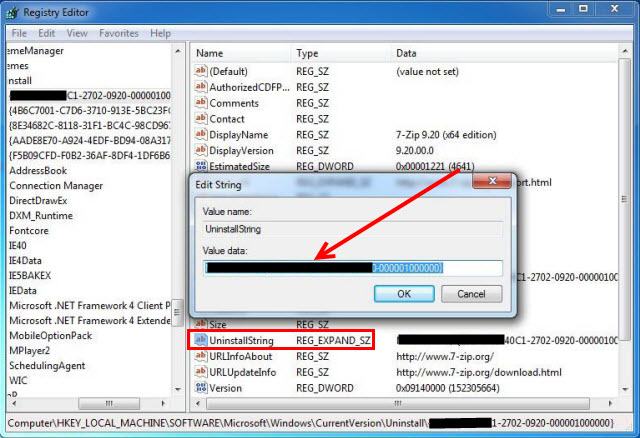 Bấm đúp vào giá trị UninstallString và sao chép dữ liệu giá trị