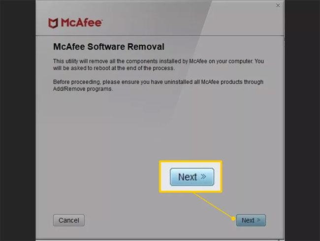 Trên màn hình Loại bỏ Phần mềm McAfee, chọn Tiếp theo