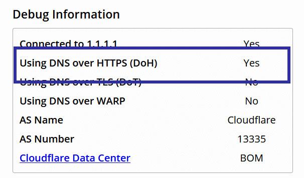 Bạn sẽ thấy "Đúng" Kế tiếp "Sử dụng DNS qua HTTPS (DOH)"