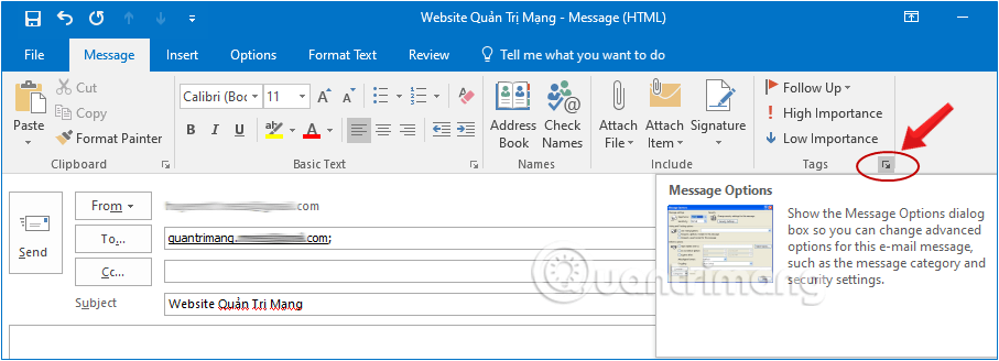 Mở cửa sổ Thuộc tính trên tab Thư
