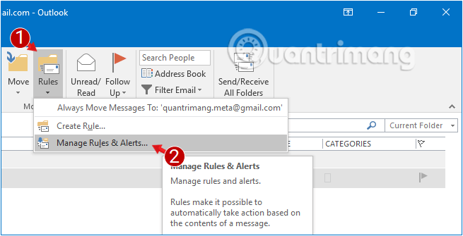 Mở Quản lý Quy tắc và Cảnh báo trong Outlook