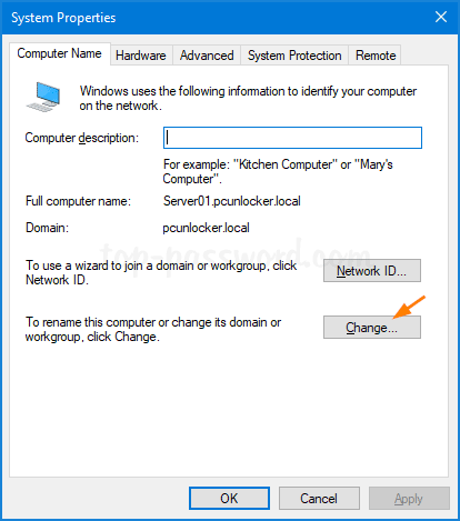 Ở cuối tab Tên máy tính, nhấp vào nút Thay đổi