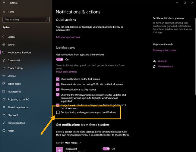Bỏ chọn hộp kiểm Nhận mẹo, thủ thuật và đề xuất khi sử dụng Windows