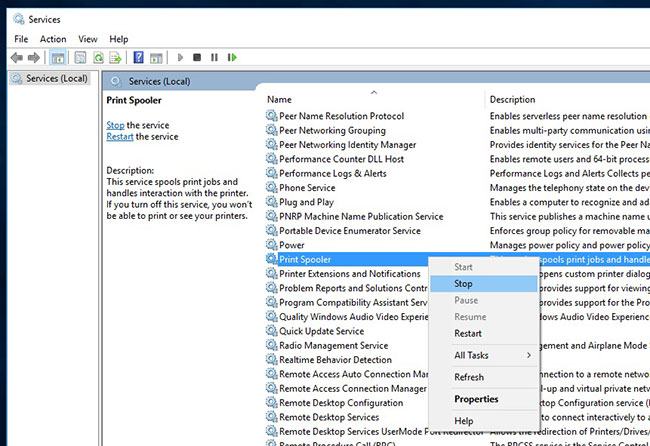 Nhấp chuột phải vào Print Spooler Service và chọn Stop