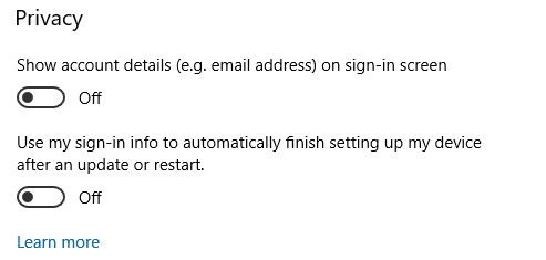 Tắt nguồn Sử dụng thông tin đăng nhập của tôi để tự động hoàn tất thiết lập thiết bị của tôi sau khi cập nhật hoặc khởi động lại
