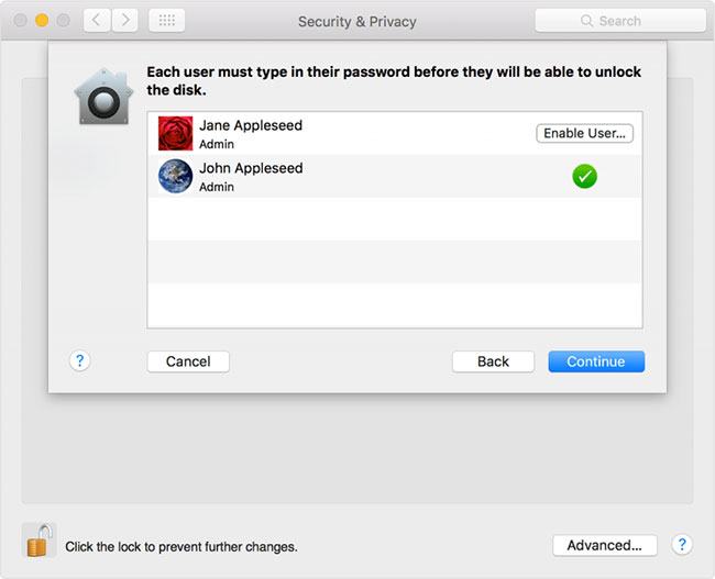 Nhấp vào nút Bật FileVault