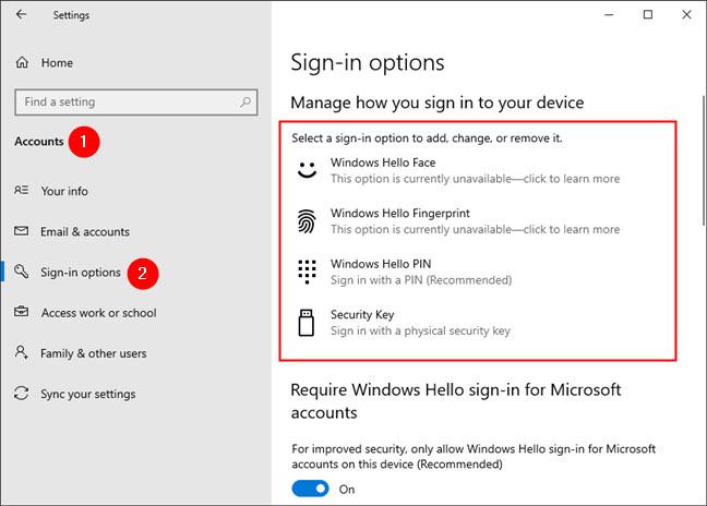 Trong Windows 10, bạn có thể chọn giữa Windows Hello Face, Windows Hello Fingerprint, Windows Hello PIN và Security Key