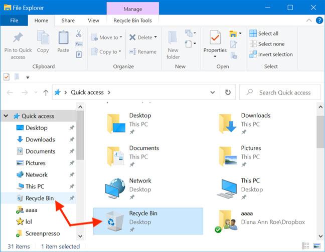 Mở Thùng rác Windows 10 bằng các phím tắt truy cập nhanh trong File Explorer