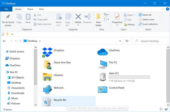 Thùng rác Windows 10 được hiển thị