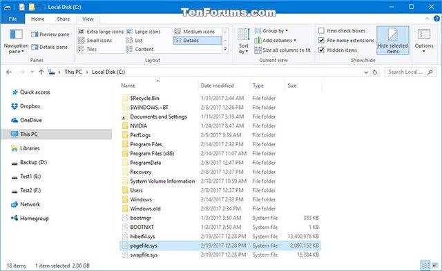 pagefile.sys trong ổ C trong Windows