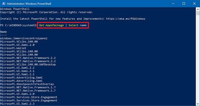 Danh sách các ứng dụng PowerShell đã cài đặt