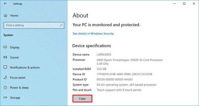 Sao chép và dán thông số kỹ thuật phần cứng của thiết bị trong Windows 10