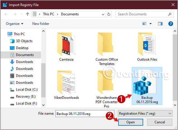 Chọn vị trí bạn đã lưu bản sao lưu sổ đăng ký và nhấp vào Mở để mở nó