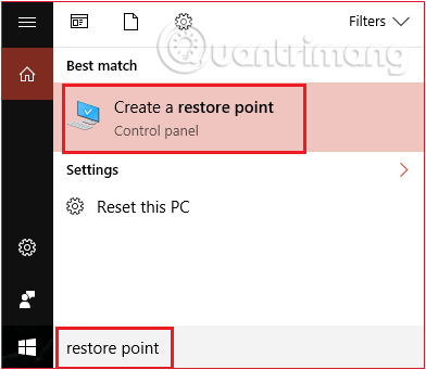 Mở Tạo điểm khôi phục trong Windows 10